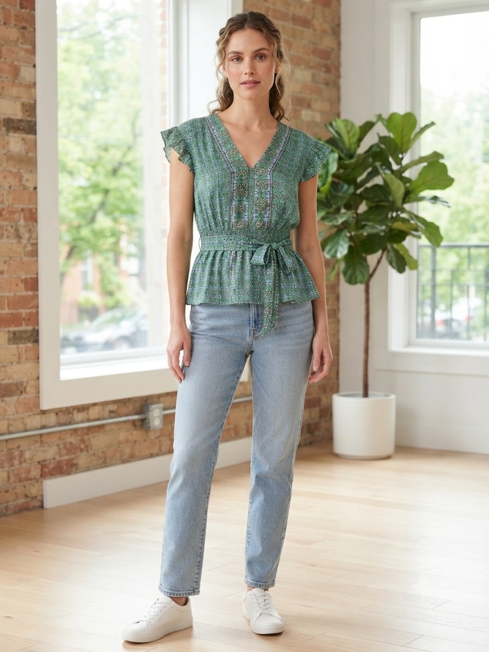 Max Studio V-Neck Peplum Top with Belt - Green/Blue Size XL